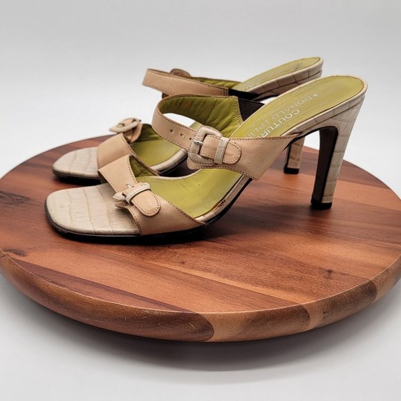 Y2K Couture Donald J Pilner Cream Python Leather Dyani Buckle SlipOn Sandal Heel - Picture 2 of 13